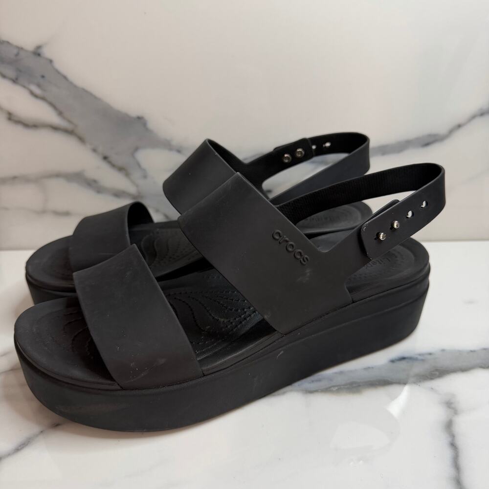 Crocs Women's Black Low Wedge Platform Brooklyn Sandals Sz 11 Comfort LiteRide - Picture 3 of 7